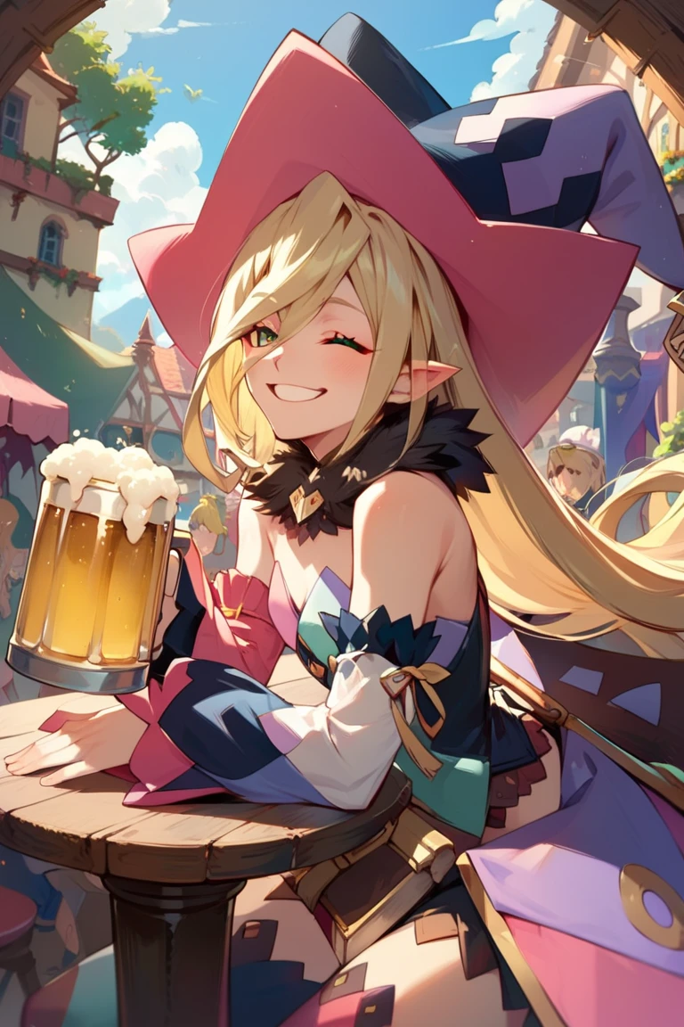 score_9, score_8_up, score_7_up, very aesthetic, source_anime, detailed, high quality, beautiful, masterpiece, detailed eyes,
tavern
<lora:lightXL:0.8>
drinking beer, happy, eyes closed,  grin,
dynamic angle,
<lora:magilou_autismConfetti_v01:0.95>
magilou \(tales\), blonde hair, very long hair, green eyes, hair between eyes, pointy ears,
bare shoulders, hat, mismatched sleeves, asymmetrical sleeves, detached sleeves, fur collar, fur-trimmed collar, mismatched legwear, asymmetrical footwear, mismatched footwear, strapless,, zPDXL