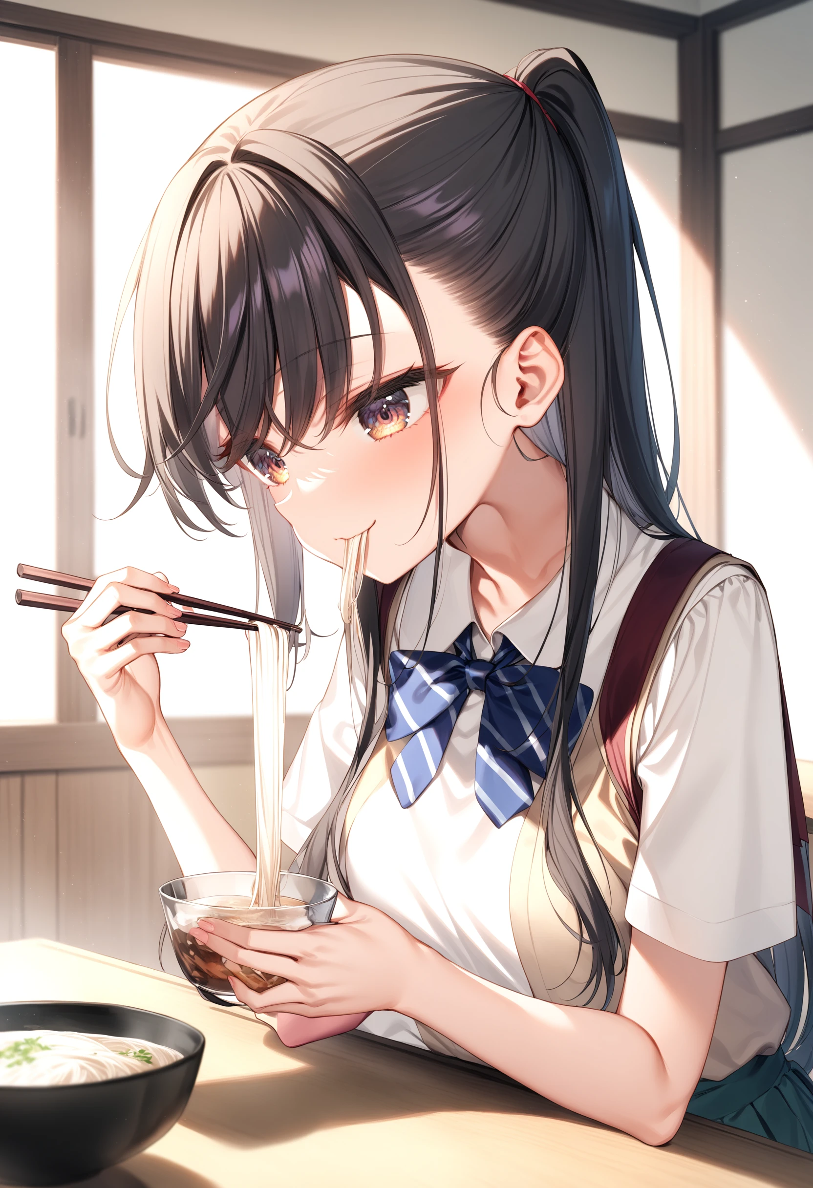 1girl, sincos, ningen mame, toosaka asagi,<lora:sdxl2-flat2-512b:-1>,medium breasts,school uniform, short sleeves, brown eyes,
soumen, chopsticks, food, eating, noodles, holding bowl, sitting,day, table, indoors, <lora:soumen_XL_v1:0.8>
from side, portrait, looking to the side, seductive smile, closed mouth,
masterpiece,best quality, very aesthetic, absurdres,