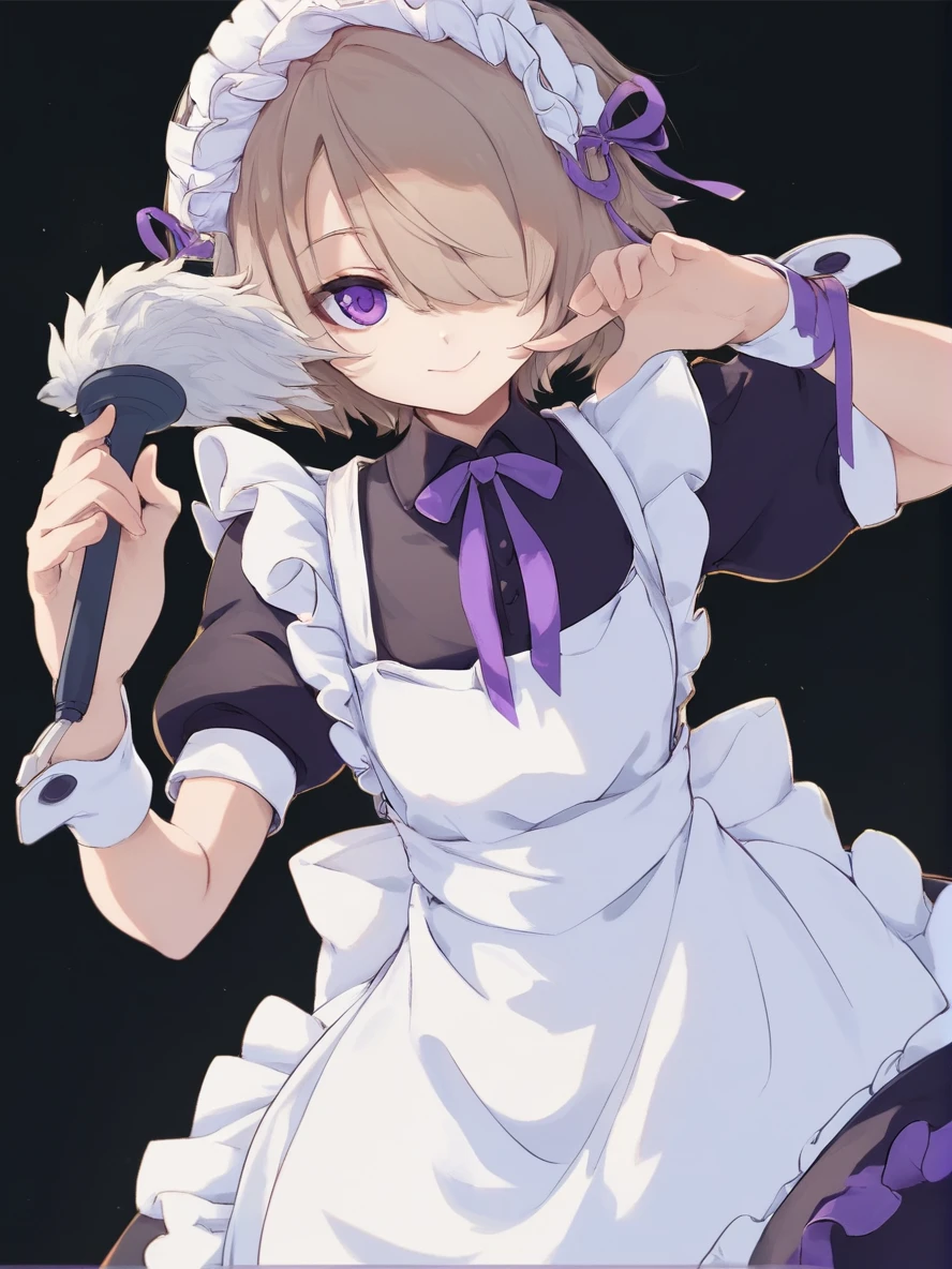 1girl, 
rating safe, solo, apron, black background, black ribbon, closed mouth, duster, frilled apron, frills, hair over one eye, hair ribbon, holding, holding duster, light brown hair, looking at viewer, maid, maid apron, maid headdress, one eye covered, puffy short sleeves, puffy sleeves, purple eyes, purple ribbon, ribbon, short hair, short sleeves, simple background, smile, upper body, white apron, wrist cuffs, 
score_9, score_8_up, score_7_up, score_6_up
 <lora:mki-pony-artists3-v2-000036:1>