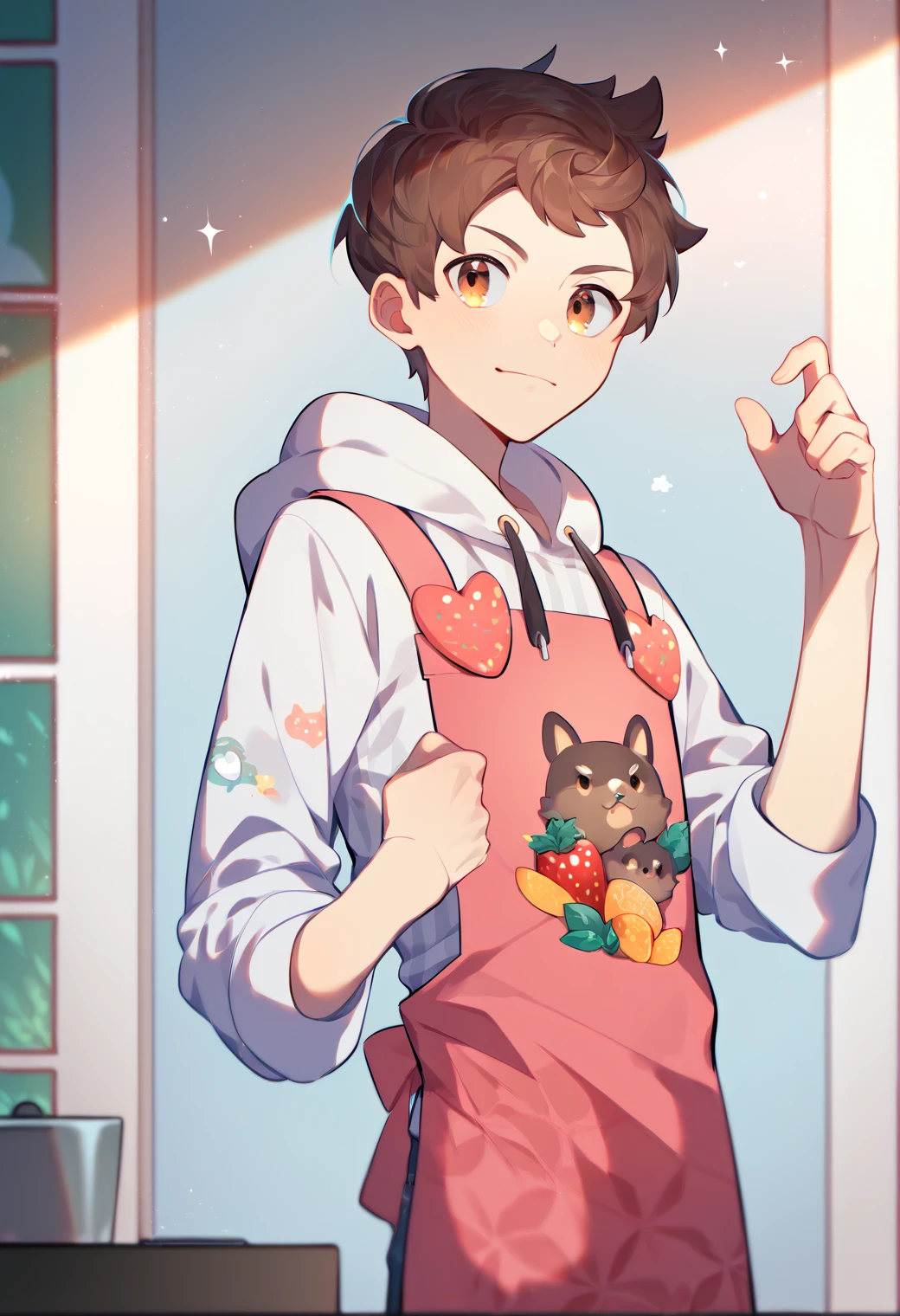 score_9, score_8_up, score_7_up, score_6_up, score_5_up, score_4_up, best quality, amazing quality, best aesthetic, absurdres, solo ,victor_val, brown hair, brown eyes, white hoodie, pink apron, sneakers, pink pants<lora:EMS-350938-EMS:1.000000>