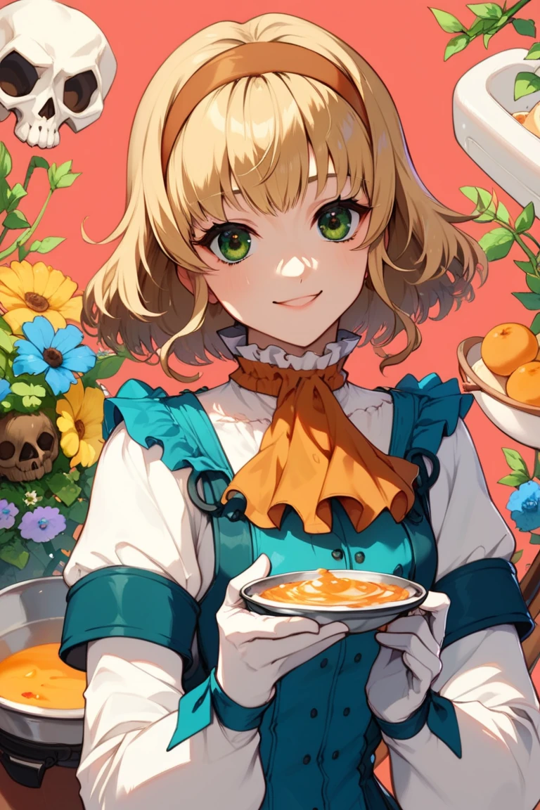 score_9, score_8_up, score_7_up, very aesthetic, source_anime, detailed, high quality, beautiful, masterpiece, detailed eyes,
<lora:lightXL:0.8>
simple background, cartoon skull in the background,
cooking, happy, apron,
<lora:natalia_autismConfetti_v02:0.99>
natalia \(tales\), blonde hair, short hair, green eyes, bangs, hairband,
ascot, orange ascot, frills, thigh boots, pantyhose, frilled collar, white gloves, wrist bow,, zPDXL