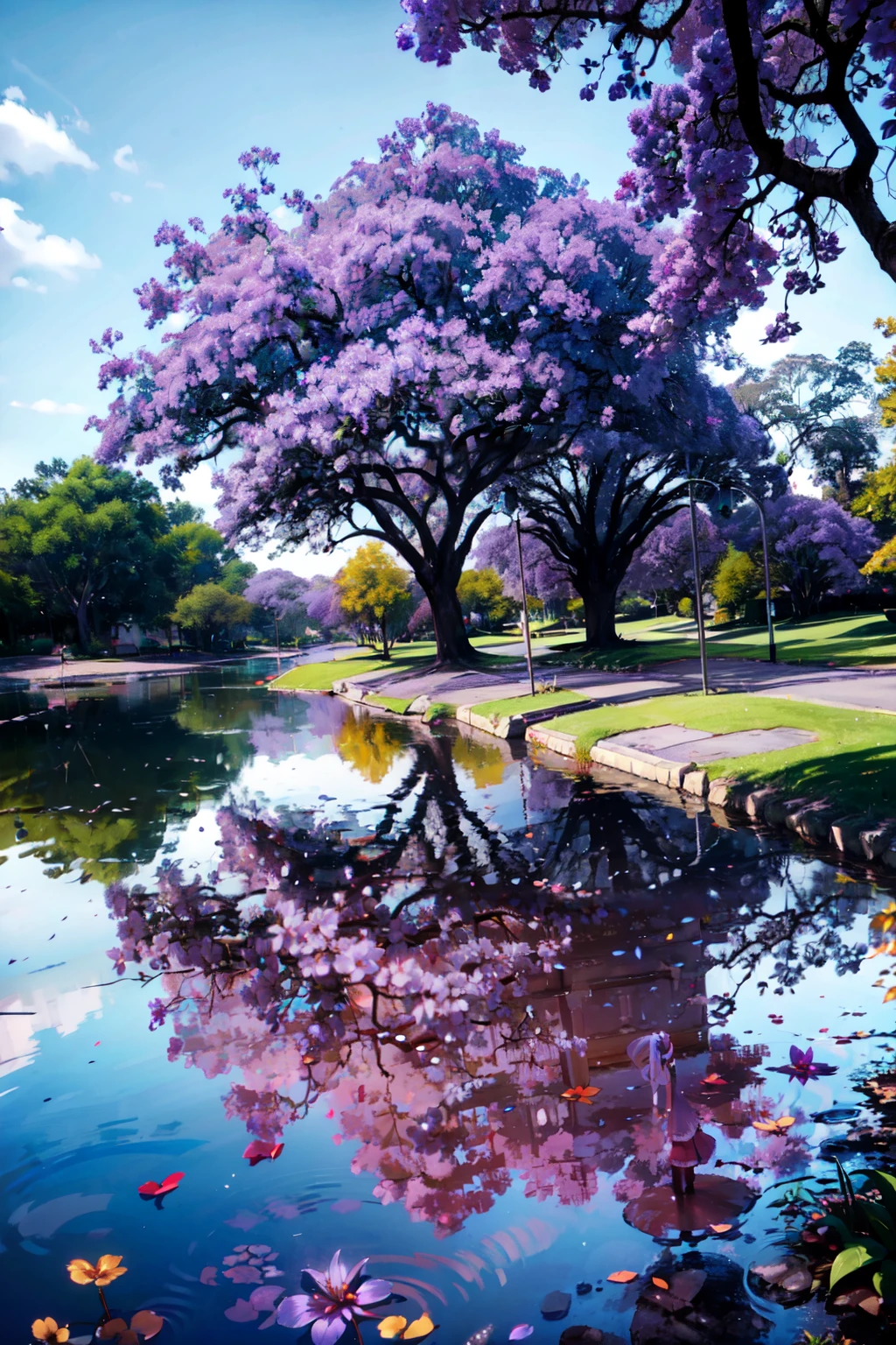 ((masterpiece,best quality)), absurdres,   <lora:Purple_Flower_Tree_Street:0.8>,   Purple Flower Tree Street, street,  solo, long hair, 1boy, standing, outdoors, sky, day, water, from behind, cape, tree, blue sky, scenery, reflection,