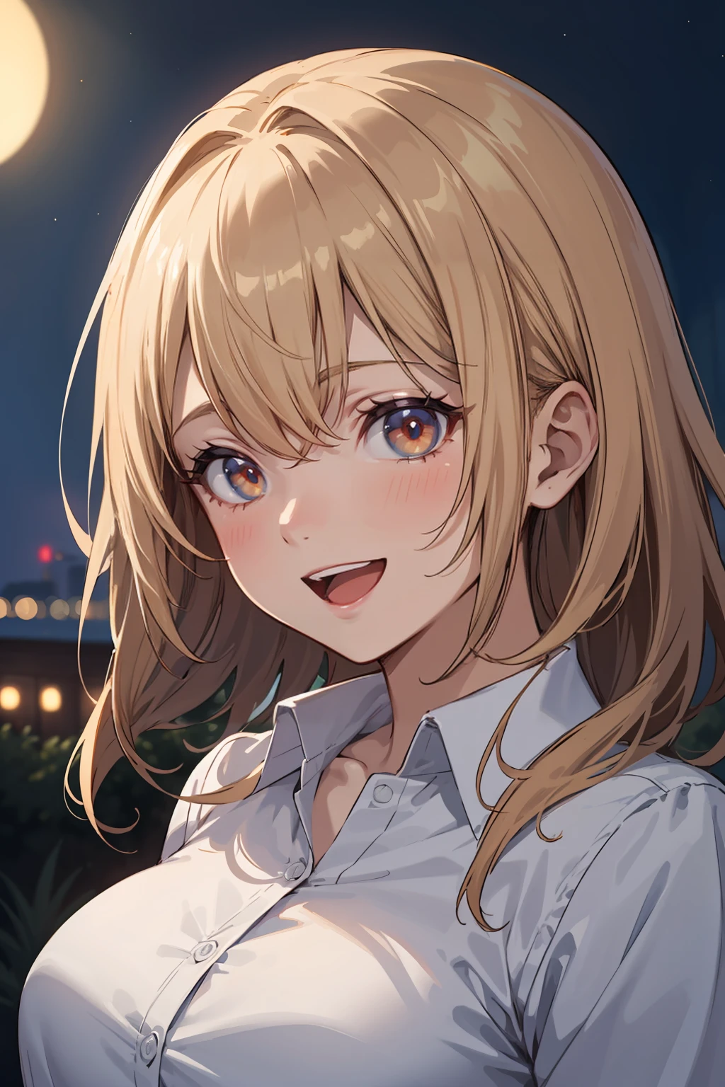 masterpiece, high quality, 1girl, solo, white shirt, portrait, smile, happy, open mouth, glowing eyes, night,