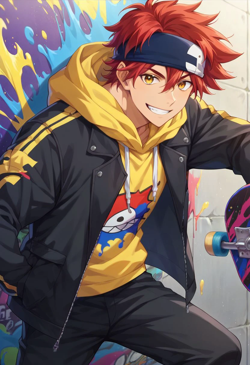 score_9, score_8_up, score_7_up, reki kyan, 1boy, solo, red hair, yellow eyes, blue headband, yellow hoodie, black jacket, black pants, skateboard, smile, looking at viewer, wall, graffity, paint splash on wall