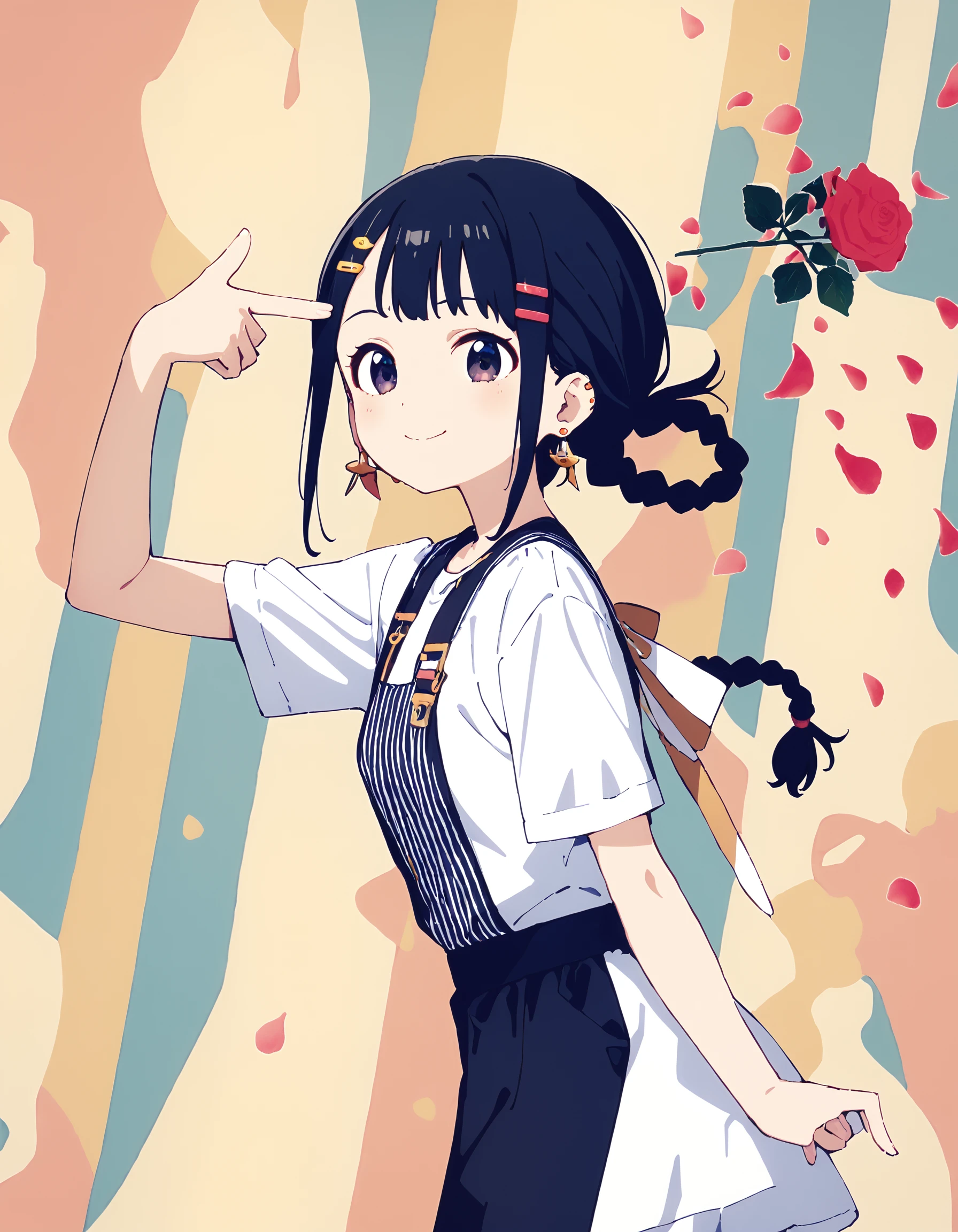 1girl,solo,mamyouda,haku geroda,popman3580,
happy,long braid,earrings,hairclip,striped,short sleeves,from side,dynamic_angle,patterned background,
<lora:boom finger gun_XL_bx-v1.03:1>,finger gun,rose,petals,
masterpiece,best quality,absurdres,