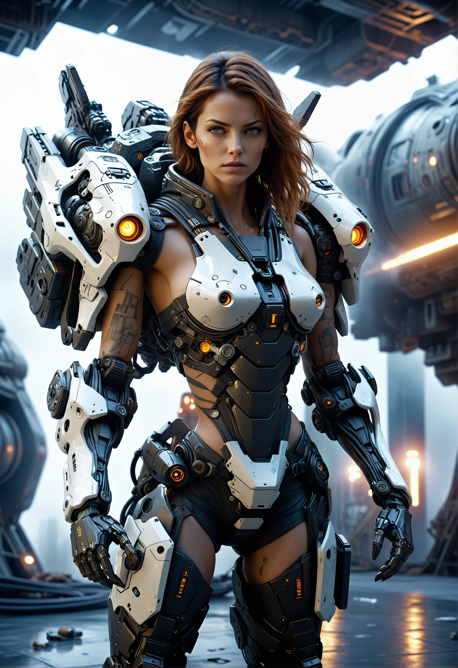 cinematic film still cinematic photo in front of a spaceship, Power Armor, sexy woman, exoskeleton, robot, futuristic, mechanical and electrical, details, A sleek and modern spaceship soars through a nebulous backdrop. Inside its hull, a muscular man dons a cutting-edge exoskeleton, his metallic arm gleaming under the glow of artificial lights within his futuristic cockpit. A sexy woman stands by his side . 35mm photograph, film, bokeh, professional, 4k, highly detailed . shallow depth of field, vignette, highly detailed, high budget, bokeh, cinemascope, moody, epic, gorgeous, film grain, grainy