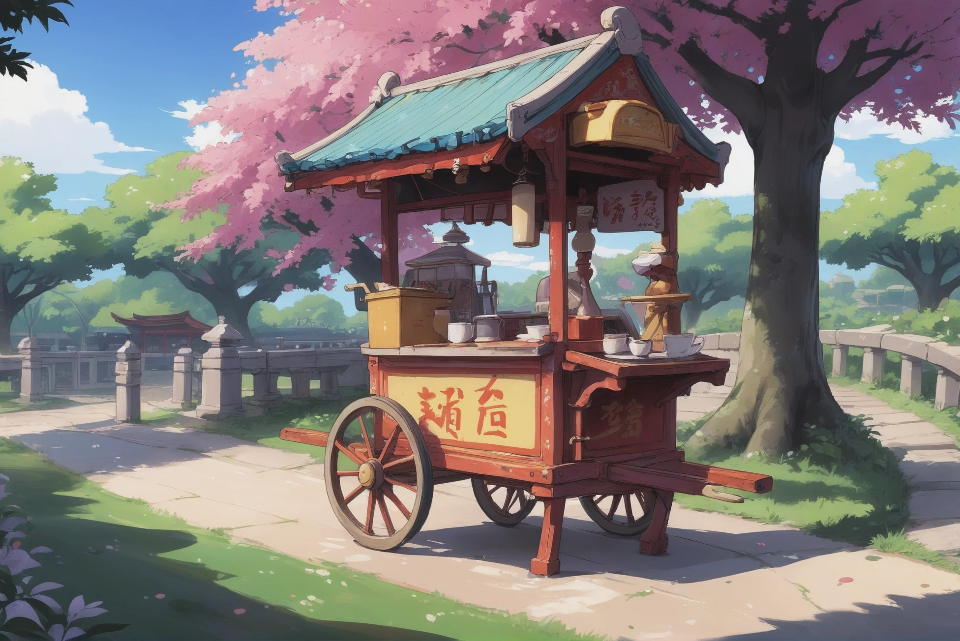 digital painting, whimsical anime movie background, a noodle cart in a park<lora:76_dora-000005:1:1:lbw=SDXL_OUTS>