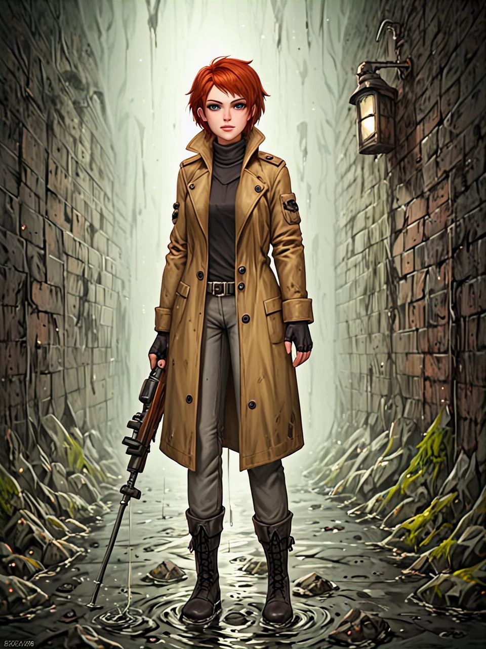 score_9,score_8_up,score_7_up,score_6_up, BREAK
short hair, auburn hair, grey eyes, female
eyeliner, trenchcoat, forearms, fingerless gloves, grey pants, black boots
holding rifle, facing viewer, looking at viewer
(underground sewer, dark, dripping water, warm lighting, concrete bricks, bare lightbulbs, high contrast:1.3)
 <lora:r3dLucyFO_PDXL:0.9>   <lora:dvr-cpwr:1> dvr-swr