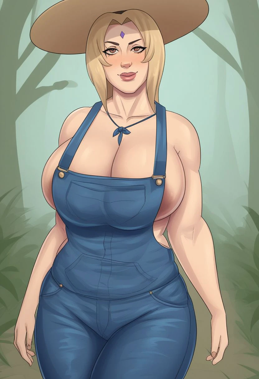 score_9, score_8_up, score_8,RocnerArt Style, RocnerArt \(Artist\), Rocner \(Artist\), @RocnerArt, BREAK looking at viewer, walking through a muggy swamp, waist up, , closed mouth, BREAK masterpiece, best quality, 1girl, Tsunade (Naruto), forehead mark, Wide-Brimmed Hat, overalls, smile, huge sagging breasts, plump, lips, detailed face+brown eyes short hair, BREAK background: swamp, trees, solo,