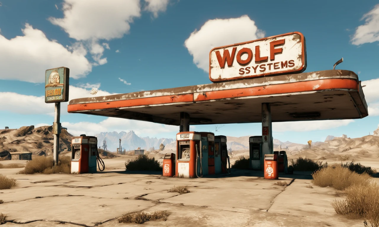 a photo of an abandoned gas station, sign, text "Wolf-Systems", <lora:falloutlandsdxl:0.7>, falloutlandsdxl, epic landscape, best quality, masterpiece, award-winning, trending on artstation