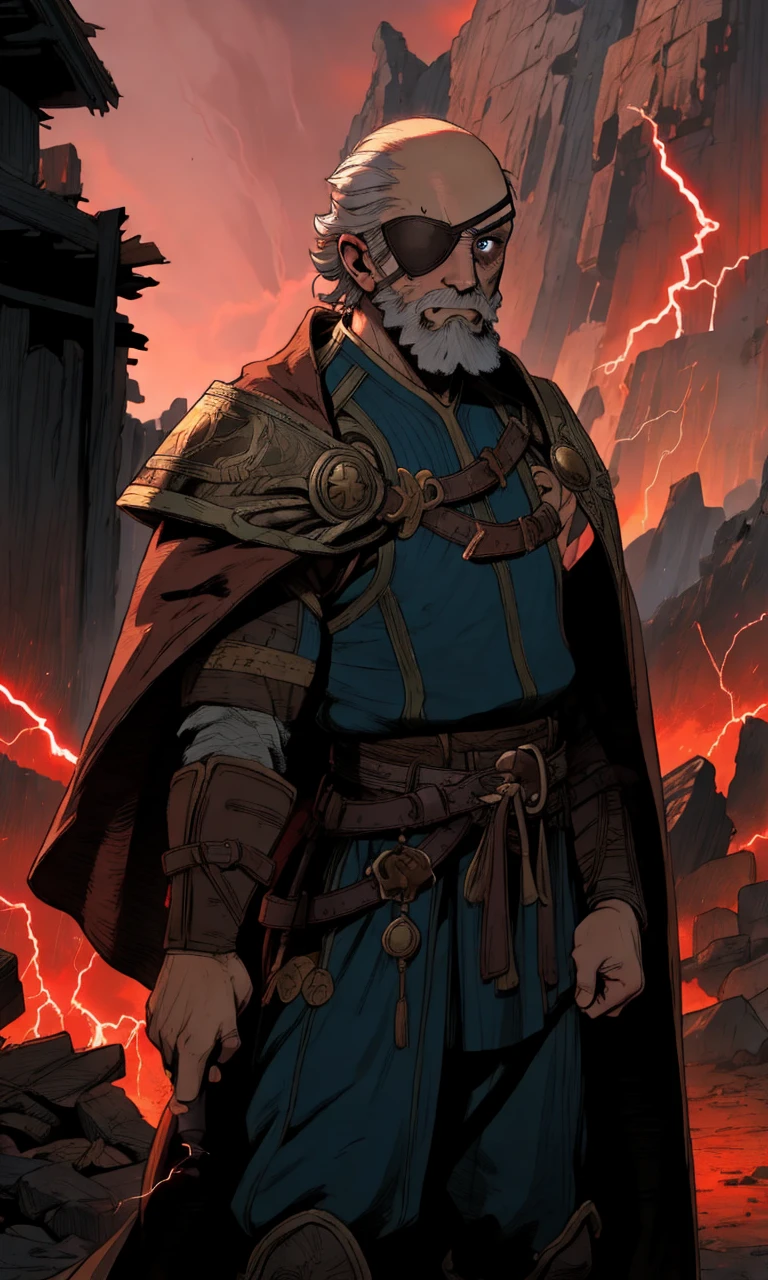 fantasy epic style,  <lora:gow_odin:0.8>, od1n, old male, white beard, bald , tunic Armor, cape, single eye patch, one blue eye, lightning, debris, holding magical electrical  staff, anger, red sky,