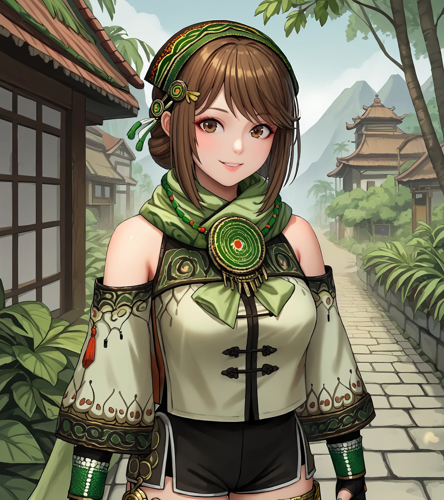 score_9, score_8_up, score_7_up, score_6_up, score_5_up, score_4_up, BREAK source_anime,
1girl, solo, <lora:BaoSanniangDW9:0.9>, Bao Sanniang, brown eyes, brown hair, medium hair, hair ornament, medium breasts, jewelry, green top, green scarf, bare shoulders, detached sleeves, black shorts, fingerless gloves, legband, sandals, green nail polish,
looking at viewer, smile, 
outdoors, jungle, village, cobblestone street, feudal chinese village, building, distant mountains,
upper body, portrait 
<lora:rhasta:1>,