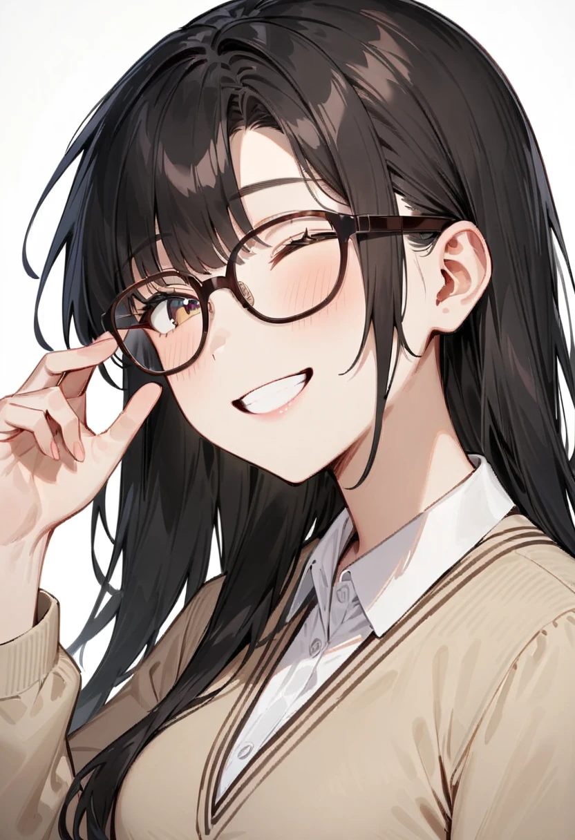 masterpiece, best quality, very aesthetic, absurdres, 
1girl, solo, black hair, long hair,
Wellington22A, glasses, brown-framed eyewear,
collared shirt, happy, smile, looking at another, adjusting eyewear, white background, simple background, 
 <lora:glasses_Wellington_cellframe1_SDXL_V1:0.8>