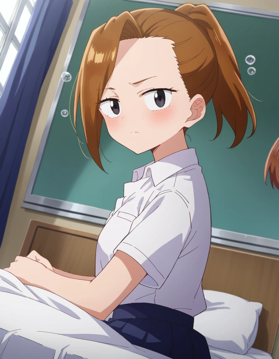 score_9, score_8_up, score_7_up, source_anime,
serinayoshida, <lora:serina-yoshida-s2-ponyxl-lora-nochekaiser:1>,
serina yoshida, brown hair, ponytail, black eyes,
skirt, shirt, school uniform, white shirt, short sleeves, pleated skirt, collared shirt, blue skirt,
indoors, bed, bed room, on side, blush, drunk,
looking at viewer, cowboy shot, dutch angle,