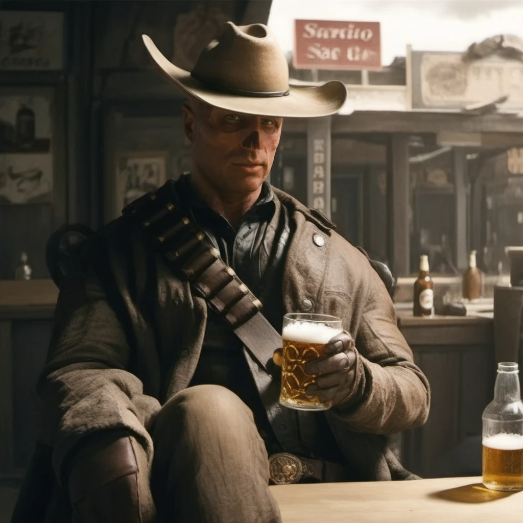 Dystopian style a bald cowboy with a hat have a beer in a saloon <lora:TheGhoul1024:0.8> . Bleak, post-apocalyptic, somber, dramatic, highly detailed