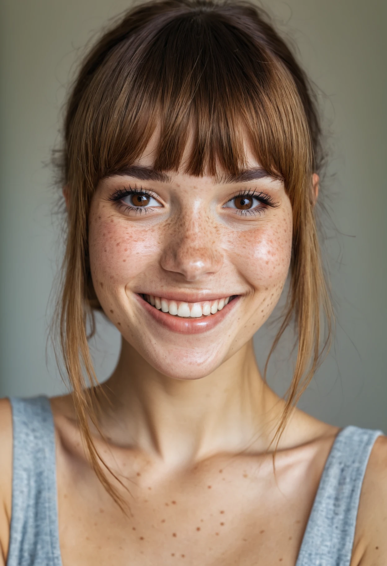 beautiful lady, (freckles), big smile, brown hazel eyes, Full Bangs, dark makeup, hyperdetailed photography, soft light, head and shoulders portrait, cover