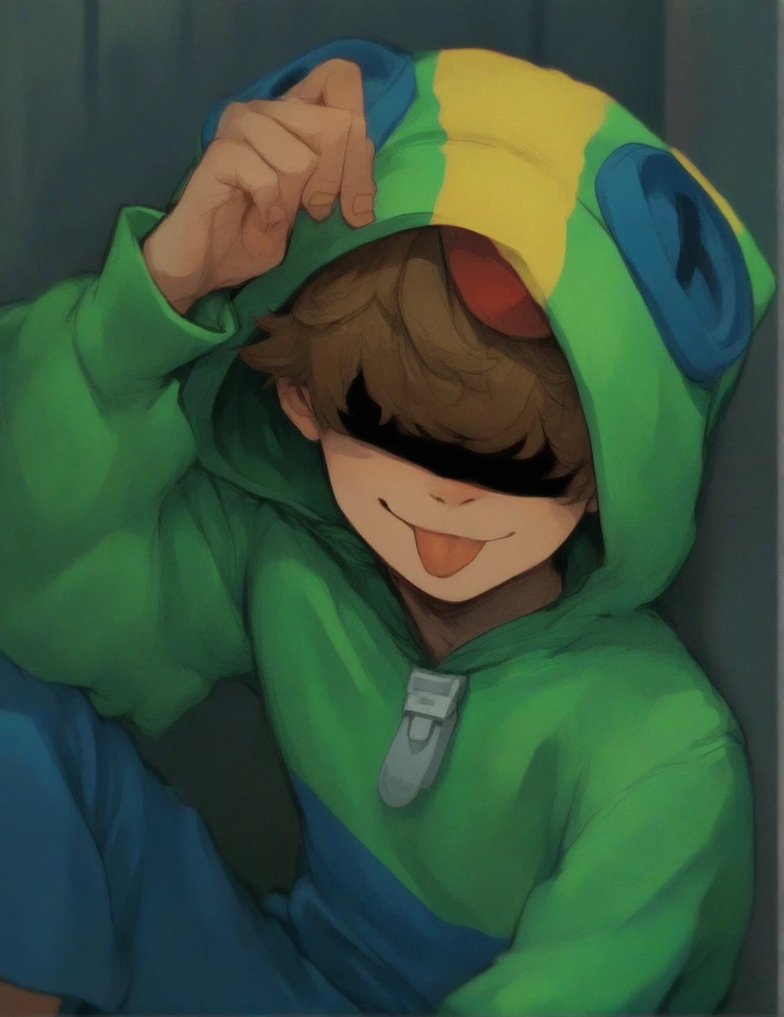 <lora:Leon:1> Leon, 1boy, solo, looking at viewer, brown hair, light smile, covered eyes, portait, ( hood:1.1), hood up, tongue, long sleeves, (hoodie:1.1), blue shorts, dramatic light, score_9, score_8_up, score_7_up, score_6_up, score_5_up, score_4_up,