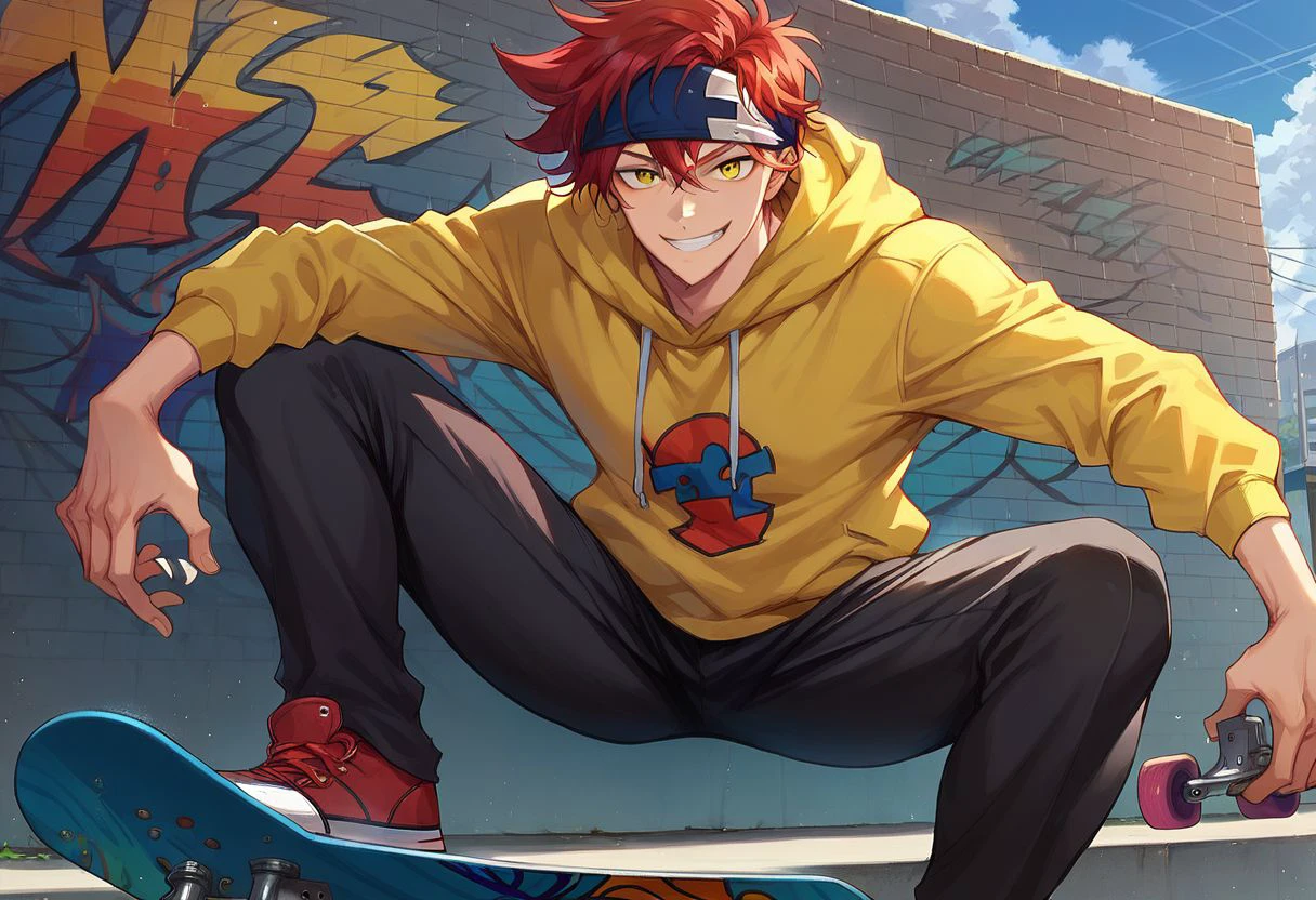 score_9, score_8_up, score_7_up, reki kyan, 1boy, solo, red hair, yellow eyes, blue headband, yellow hoodie, black pants, skateboard, smile, looking at viewer, wall, graffity, front view, spreading legs, nori