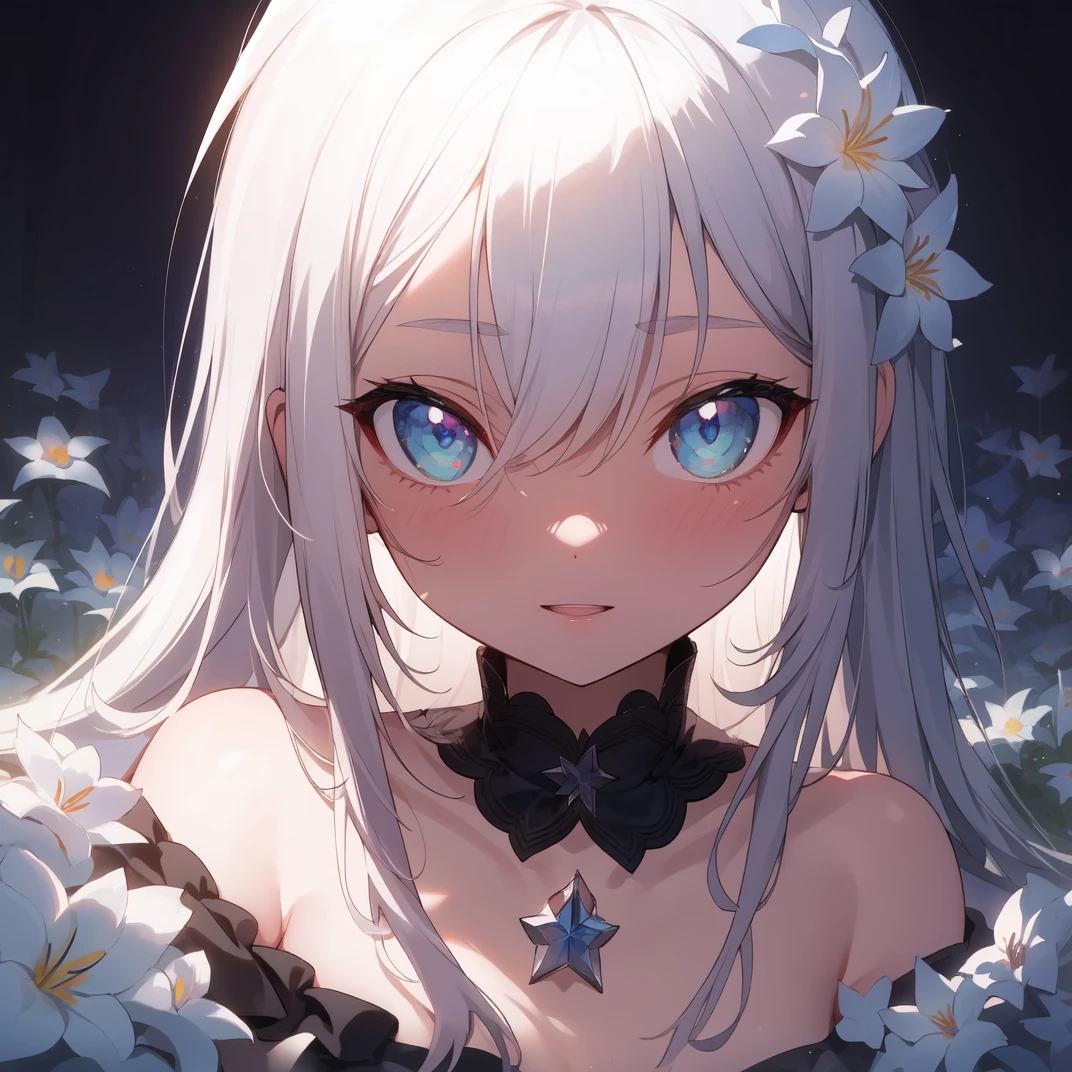 1girl,black_shirt,blue_eyes,close-up,flat_chest,flower,hair_between_eyes,lily_(flower),long_hair,looking_at_viewer,off_shoulder,parted_lips,shirt,single_bare_shoulder,sky,solo,star_(sky),starry_sky,tearing_up,white_flower,white_hair,(masterpiece,high quality,perfect eyes:1.2),