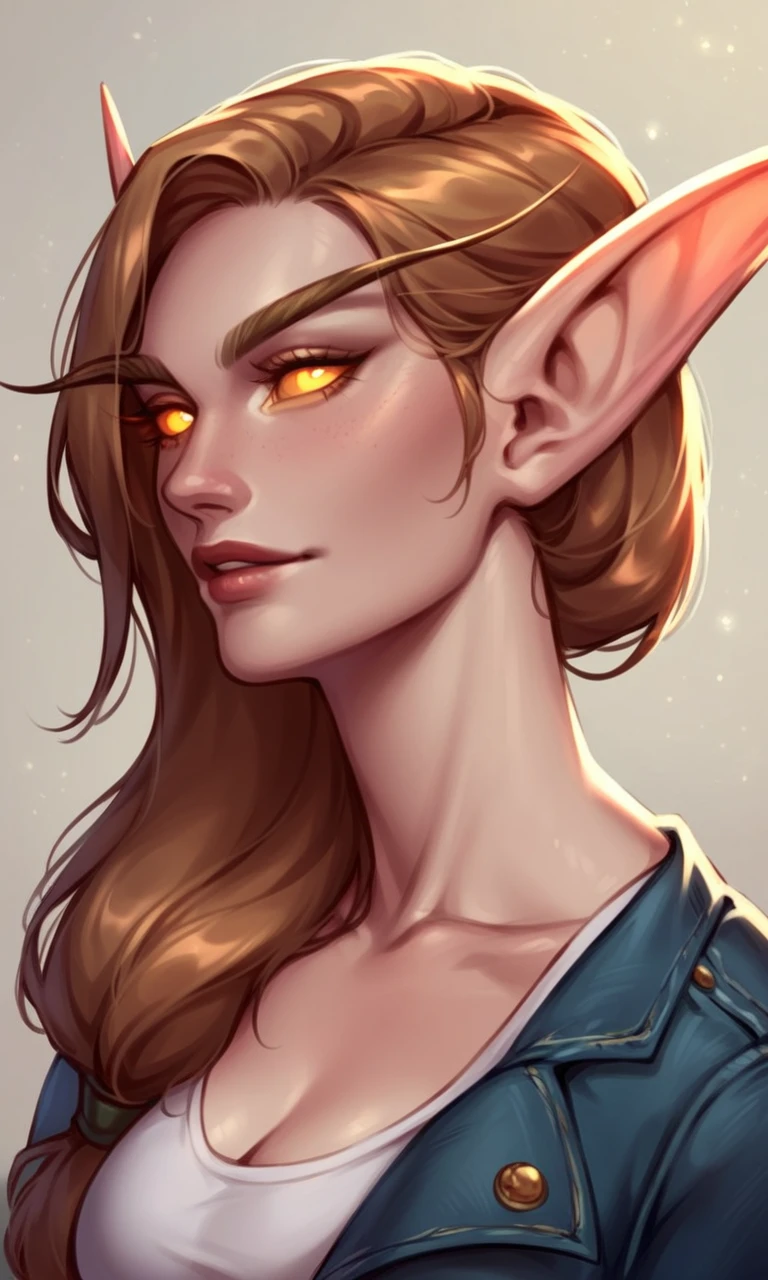 Lady Liadrin, elf, pointy long ears, light brown hair, ponytail, long eyebrows, yellow sclera, yellow eyes, glowing eyes, jeans, white shirt warcraft elf, masterpiece, score_9, score_8_up, score_7_up, score_6_up, score_5_up, score_4_up, <lora:Lady_Liadrin_world_of_warcraft_PonyDiffusion-000003 (1):0.5>, (close-up:1.2)