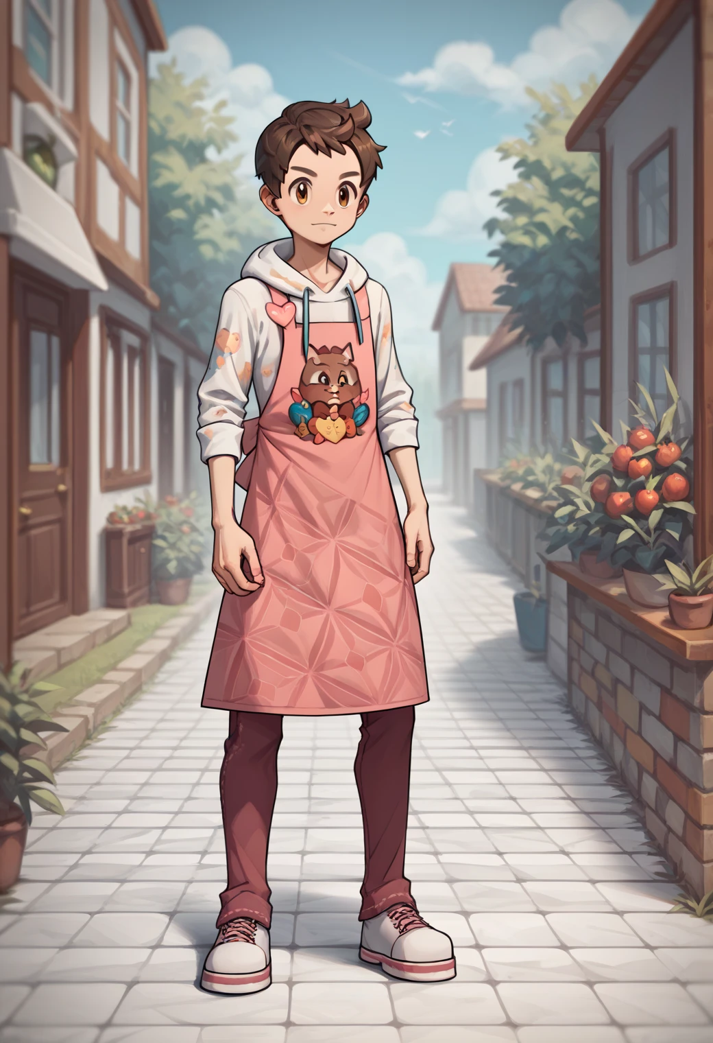 score_9, score_8_up, score_7_up, score_6_up, score_5_up, score_4_up, best quality, amazing quality, best aesthetic, absurdres, solo ,victor_val, brown hair, brown eyes, white hoodie, pink apron, sneakers, pink pants, source_<lora:EMS-350938-EMS:1.000000>