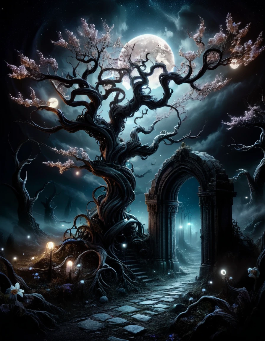 A mesmerizing mythical nightscape featuring a dark, cloudy sky with a full moon casting eerie shadows. In the foreground, a towering tree with twisted branches and glowing flowers illuminates the mysterious path ahead <lora:ral-mtclniscp-sdxl:1> ral-mtclniscp