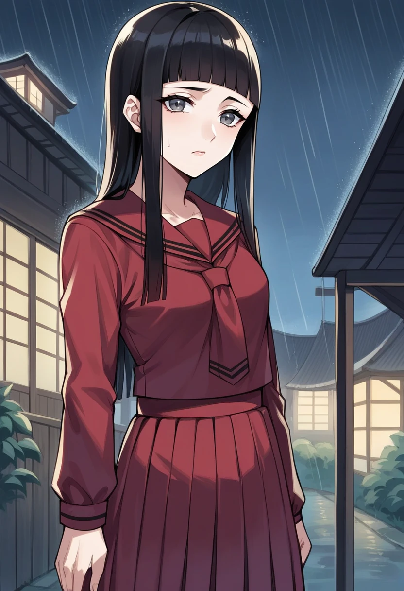 score_9, score_8_up, score_7_up, source_anime BREAK 1girl, solo,  <lora:zs_KayaXL:1> kayadsrk, black hair, long hair, blunt bangs, grey eyes, red serafuku, long sleeves, red skirt, pleated skirt, black pantyhose, japanese town, night, rain, looking at viewer, sad