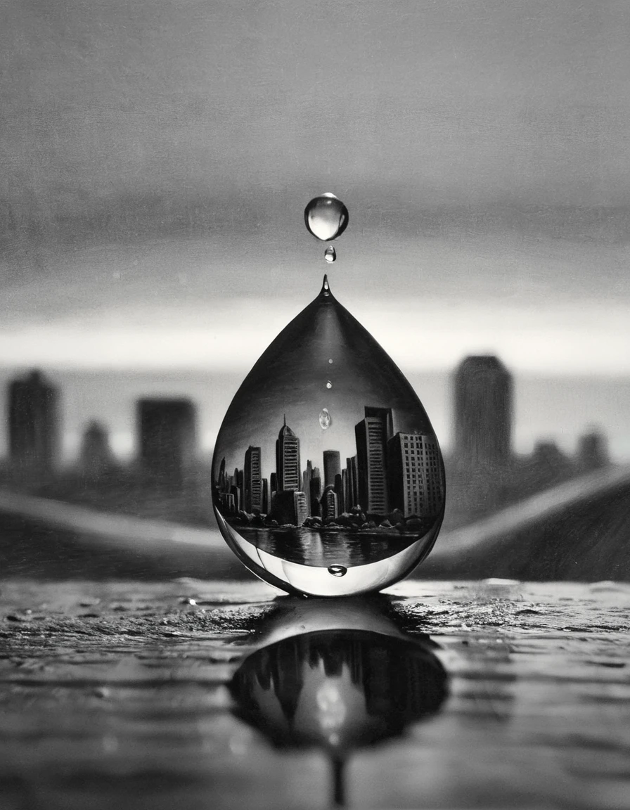 A cityscape reflected in a raindrop, charcoal drawing, artist unknown, tags: charcoal art, black and white, cityscape reflection, raindrop, detailed shading, high contrast, urban scene, water droplet, textural detail, moody atmosphere, realistic textures, abstract form, creative interpretation, atmospheric, subtle gradients, macro perspective, mysterious, night scene, artistic shadows, unique viewpoint