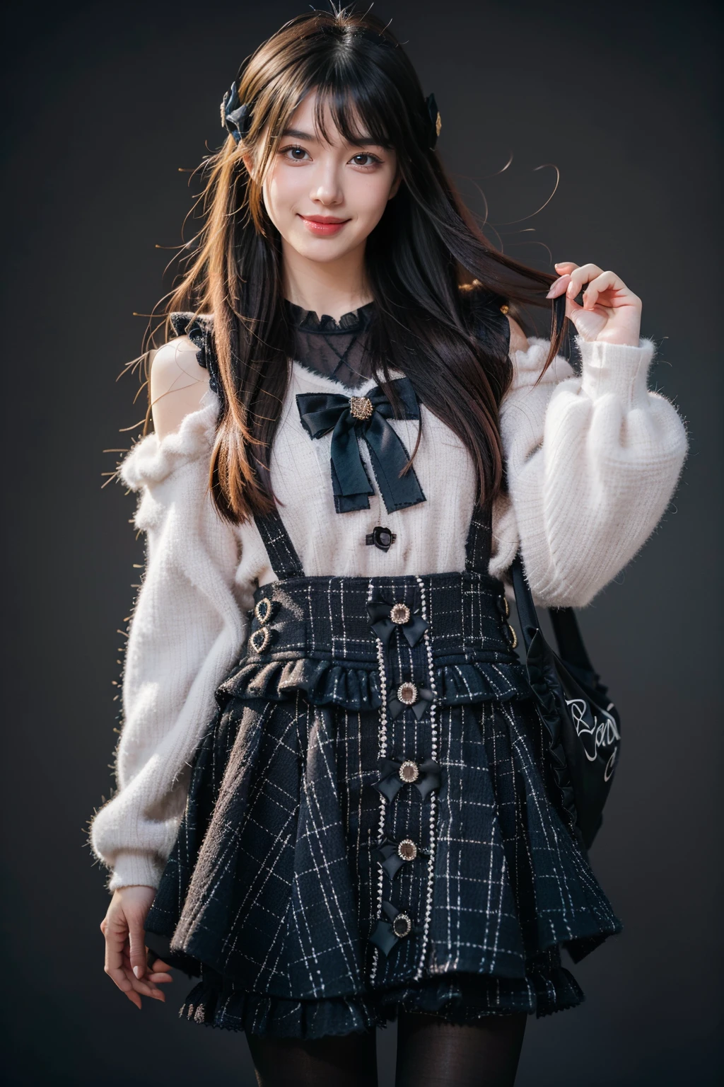 best quality, masterpiece, 1girl, solo, black hair, long hair, straight hair, looking at viewer, smile, standing, cowboy shot, dating attire, sweater, white sweater, bow sweater, shoulder cutout, skirt, buttons skirt, suspender skirt, pantyhose, grey background, <lora:dating_attire_style8_v1:0.7>
