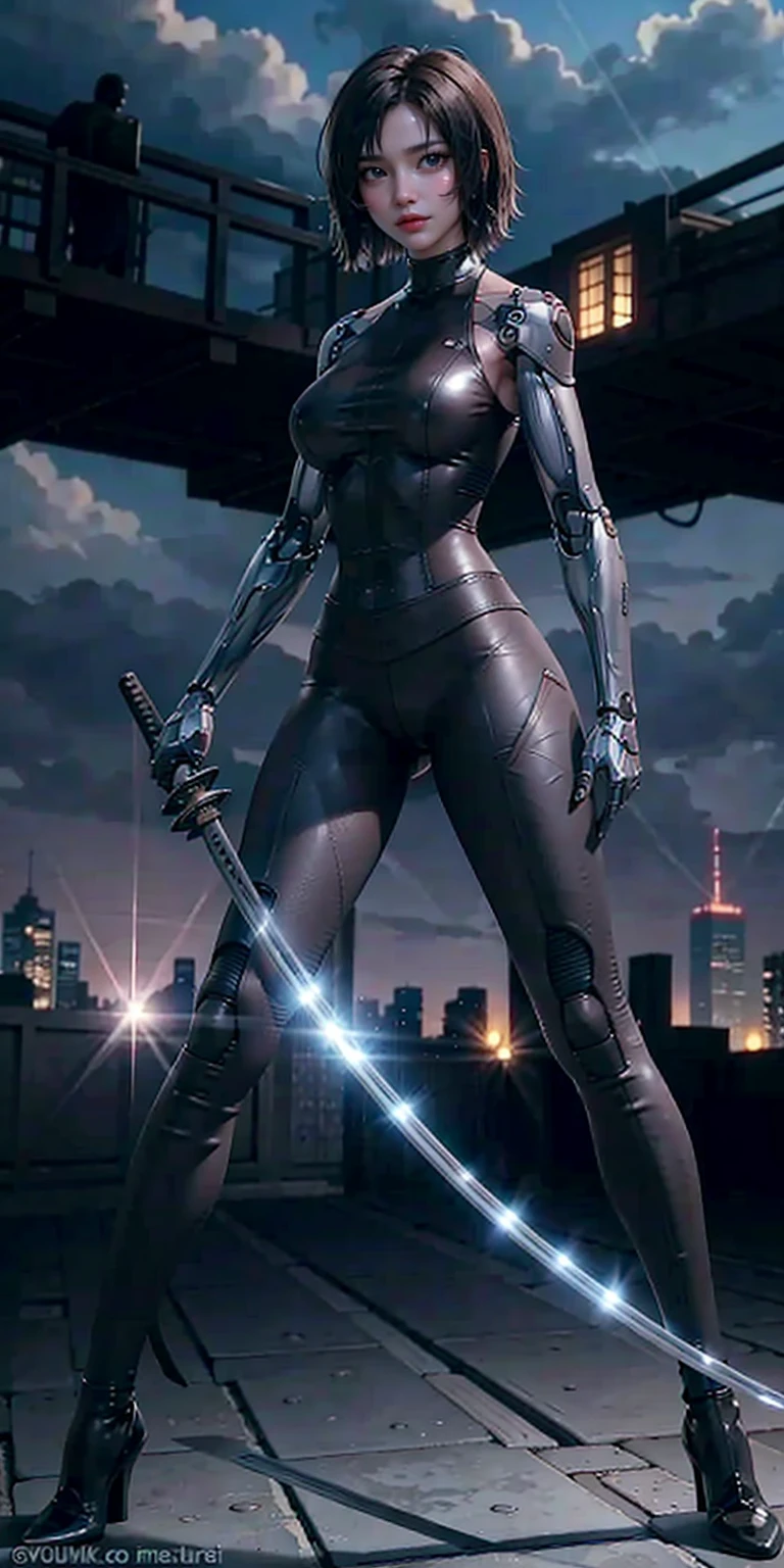 1girl, katana, holding katana, cyborg, bodysuit, full body, stand, big breasts, high heels, outdoor, future city, masterpiece, best quality,8k