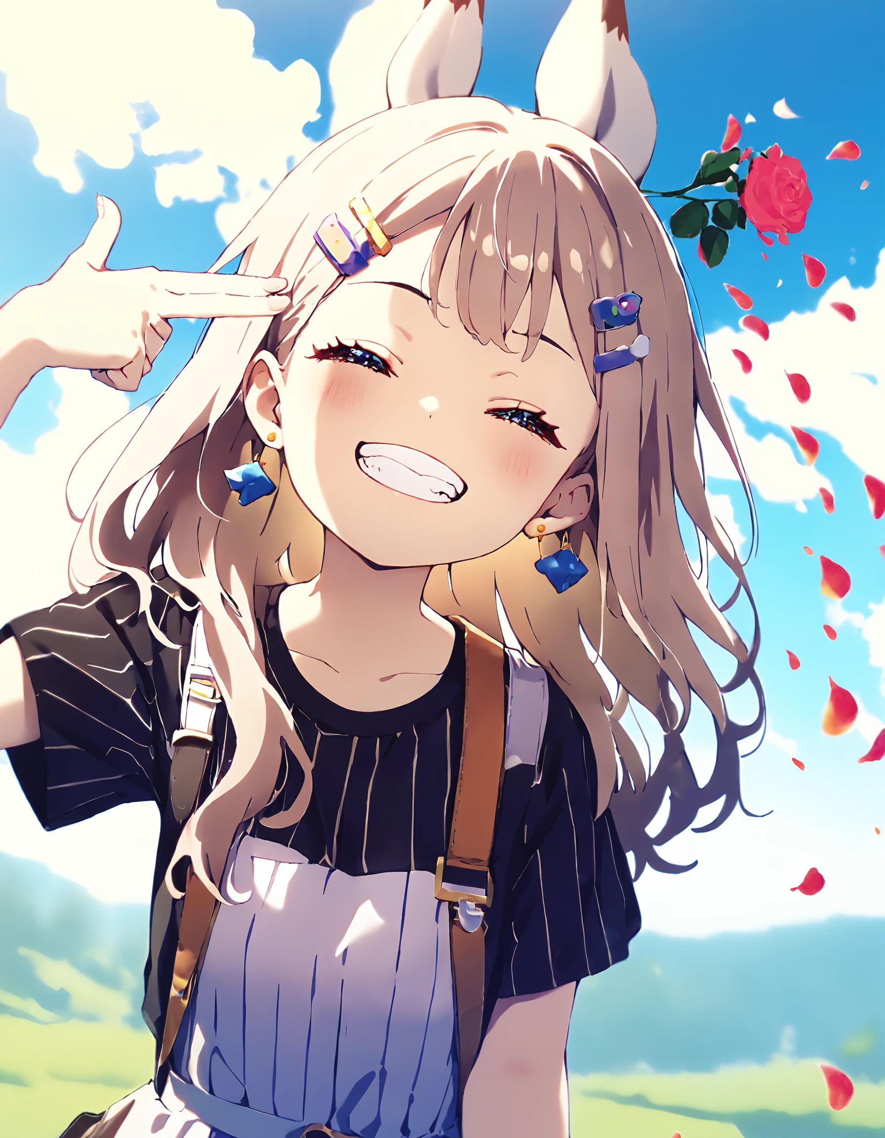 1girl,solo,mamyouda,haku geroda,popman3580,
happy,grin,blinking,long hair,hair ears,earrings,hairclip,striped,short sleeves,close-up,dress,dynamic_angle,sky,cloud,
<lora:boom finger gun_XL_bx-v1.03:1>,finger gun,rose,petals,
masterpiece,best quality,absurdres,