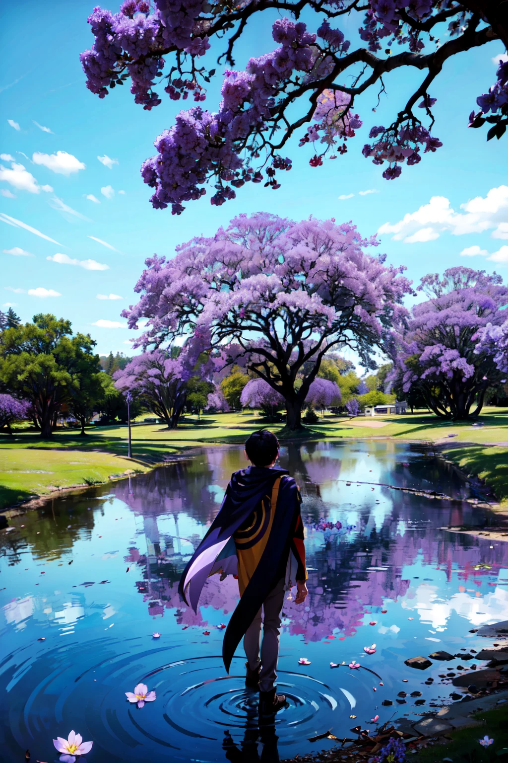 ((masterpiece,best quality)), absurdres,   <lora:Purple_Flower_Tree_Street:0.8>,   Purple Flower Tree Street, solo, long hair, 1boy, standing, outdoors, sky, day, water, from behind, cape, tree, blue sky, scenery, reflection,