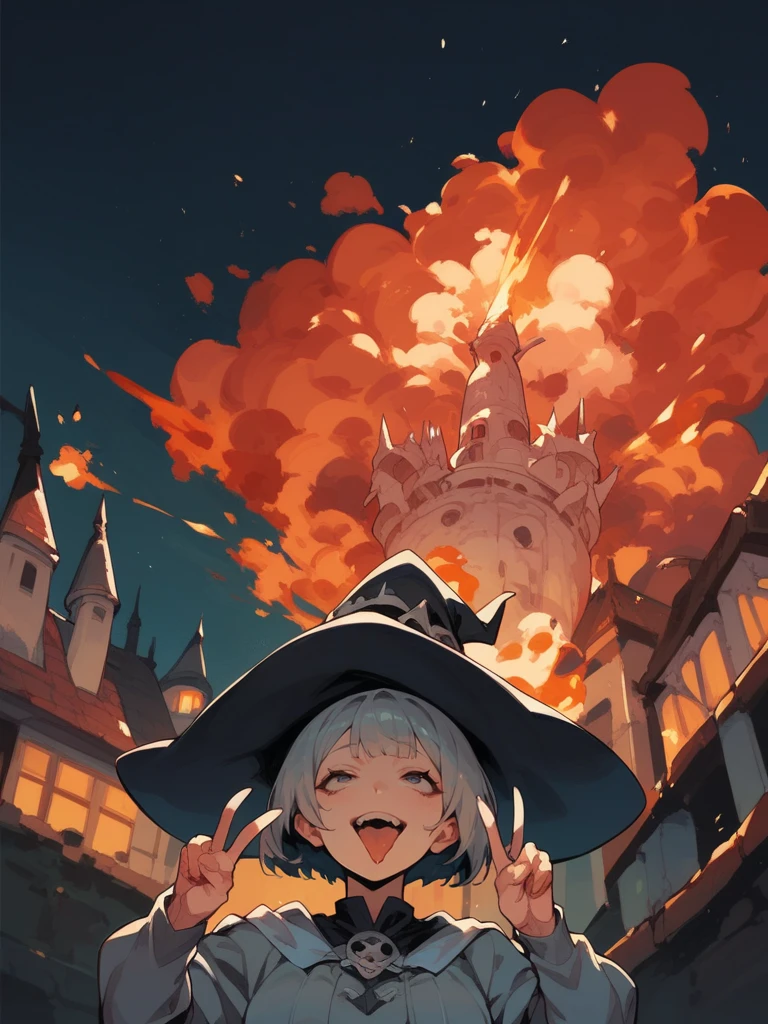 score_9,score_8_up,score_7_up,1 girl,source_anime,<lora:ahebomb_pony:1>,ahebomb,night,silver bob cut,burning castle,witch hat,upper body,