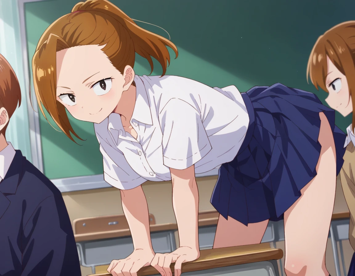 score_9, score_8_up, score_7_up, source_anime,
serinayoshida, <lora:serina-yoshida-s2-ponyxl-lora-nochekaiser:1>,
serina yoshida, brown hair, ponytail, black eyes,
skirt, shirt, school uniform, white shirt, short sleeves, pleated skirt, collared shirt, blue skirt,
indoors, classroom, bent over, smile,
looking at viewer, cowboy shot, dutch angle,