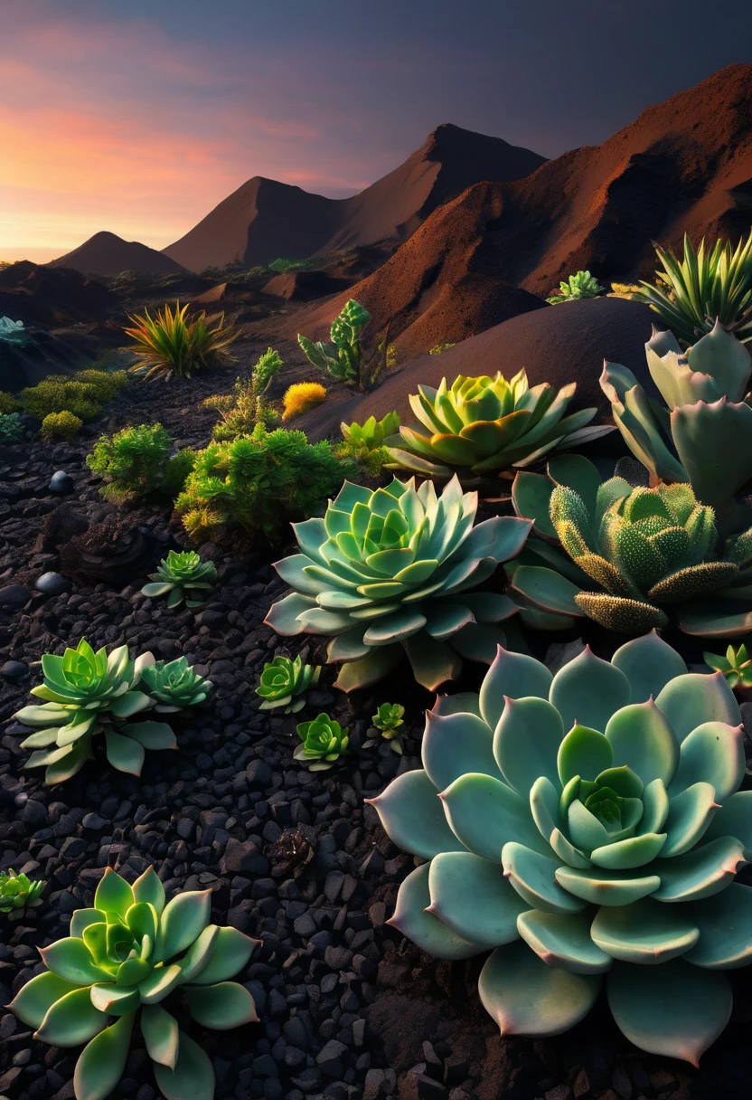 Lush succulent garden thriving in dark volcanic soil, digital art, vivid greens against rich black earth, tags: succulent garden, volcanic soil, dark soil, vivid greens, digital art, lush growth, rich textures, vibrant contrast, nature's resilience, diverse species, robust plants, sustainable gardening, artistic interpretation, eco-friendly, sharp details, environmental adaptation, botanical art, mineral-rich earth, flourishing plants, natural beauty.