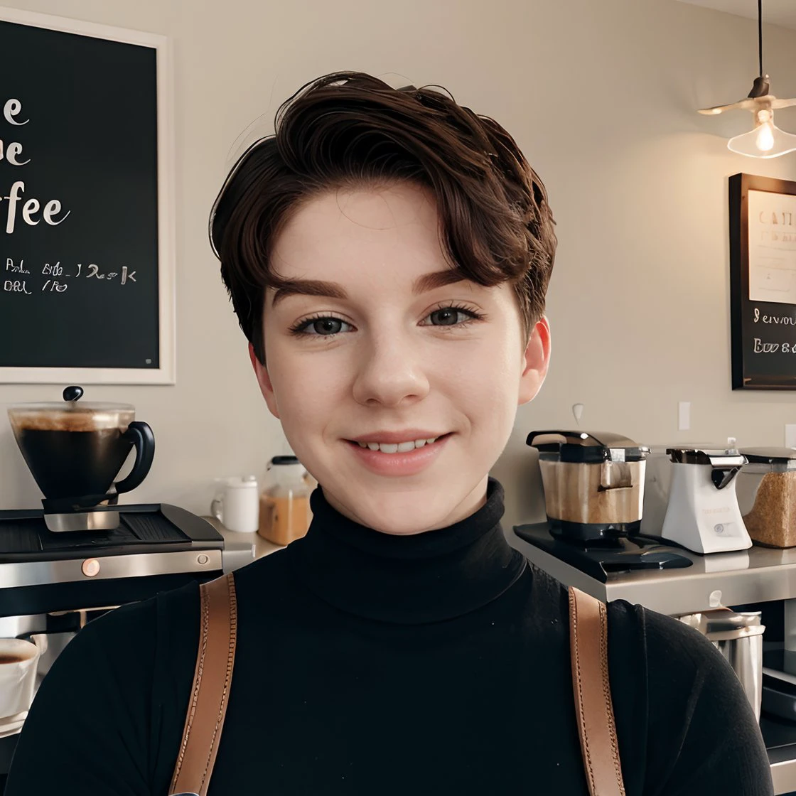 <lora:morgandrinkscoffee:1> morgandrinkscoffee, short hair , closeup, turtleneck, coffee shop, making coffee