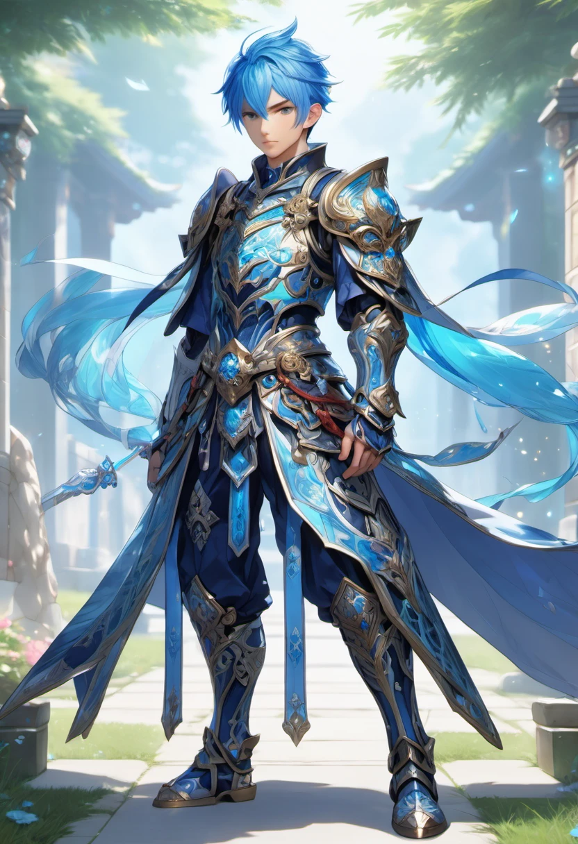 (((masterpiece))) , (((best quality))) , anime style, 2d, well-built charming 1boy, solo, lovely 1boy, 
MMO-ish-Japan, full body view, beautiful gorgeous blue haired male, wearing intricate fantasy armor, he has Shaved sides hair, key visual, 