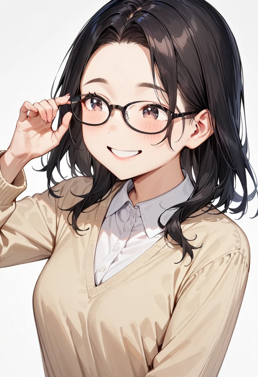 masterpiece, best quality, very aesthetic, absurdres,
1girl, solo, black hair, long hair,
oval_cell, glasses, black-framed eyewear,
collared shirt, happy, smile, looking at another, adjusting eyewear, white background, simple background, 
 <lora:oval_glasses_cell-frame2_SDXL_V1:0.8>