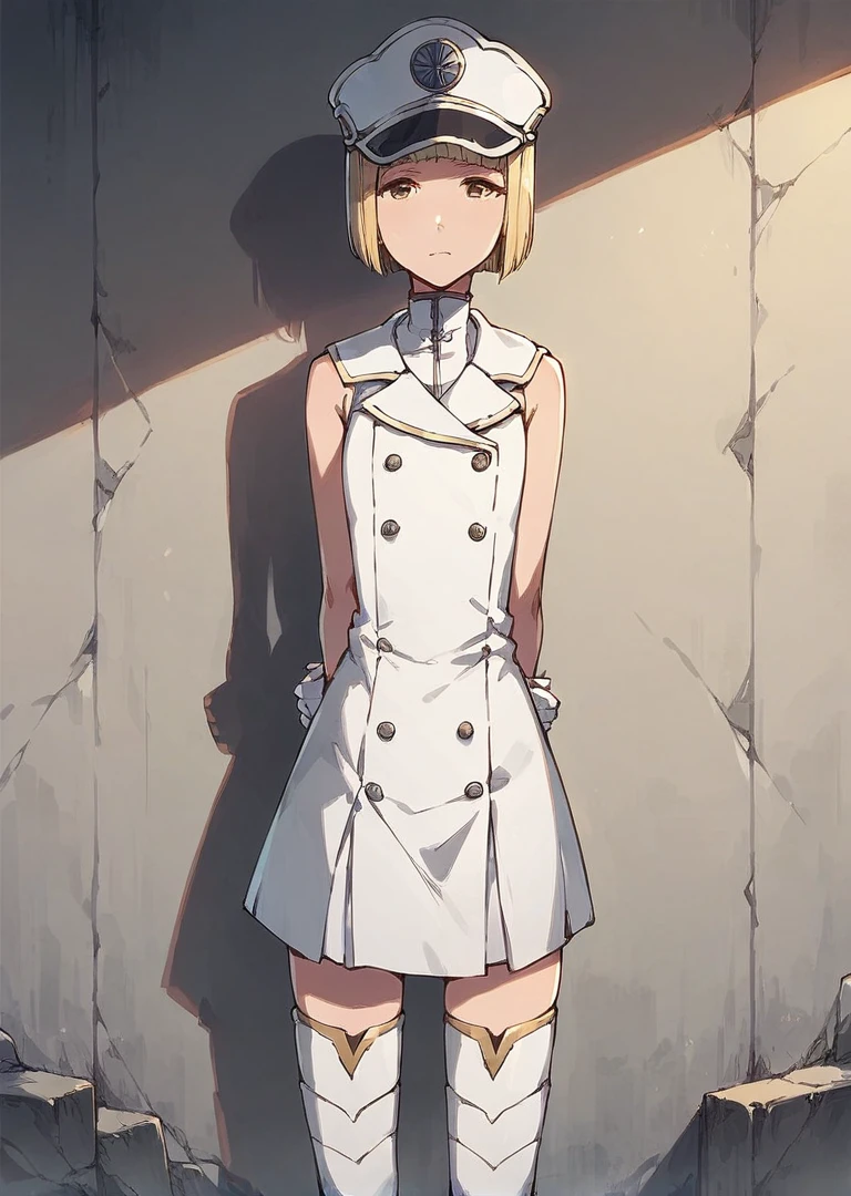 score_9, score_8_up, score_7_up, 1girl, Liltotto, blonde hair, short hair, bob cut, brown eyes, 

white dress, sleeveless, military uniform, double breasted, thigh boots, gloves, frown, military hat, looking at viewer, standing, indoors, wall, arms behind back,

