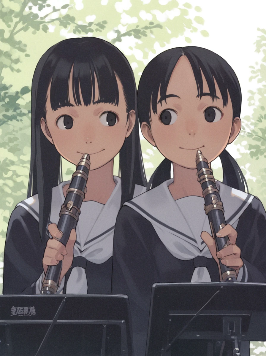 score_9_up,score_8_up,score_7_up, <lora:comiclo-xl-pony:0.7>,multiple girls, 2girls, instrument, school uniform, twintails, serafuku, black hair, music, playing instrument, looking at another, smile, black eyes, long hair, recorder, bangs, outdoors, flute, holding instrument, white neckerchief, day, neckerchief, black serafuku, upper body, holding, tree, long sleeves, brown eyes, short twintails