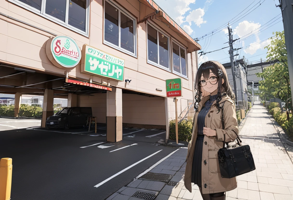 best quality, ultra-detailed, illustration,
1girl, solo, glasses, black hair, long hair, duffle coat, black bag, smile, looking at viewer, solo focus,
saizeriya, storefront, scenery, outdoors, building, tree, power lines, sign, sky, window, utility pole, fence, cloud, lamppost, house, japan, road
 <lora:saizeriya_ex_SDXL_V1:1>