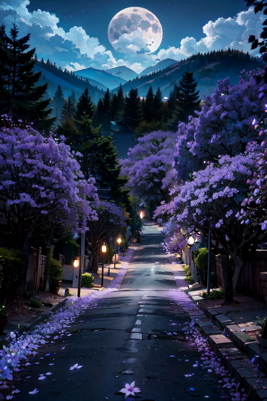 ((masterpiece,best quality)), absurdres,   <lora:Purple_Flower_Tree_Street:0.8>,   Purple Flowers, night, moon, candles, scenery, vast landscape,