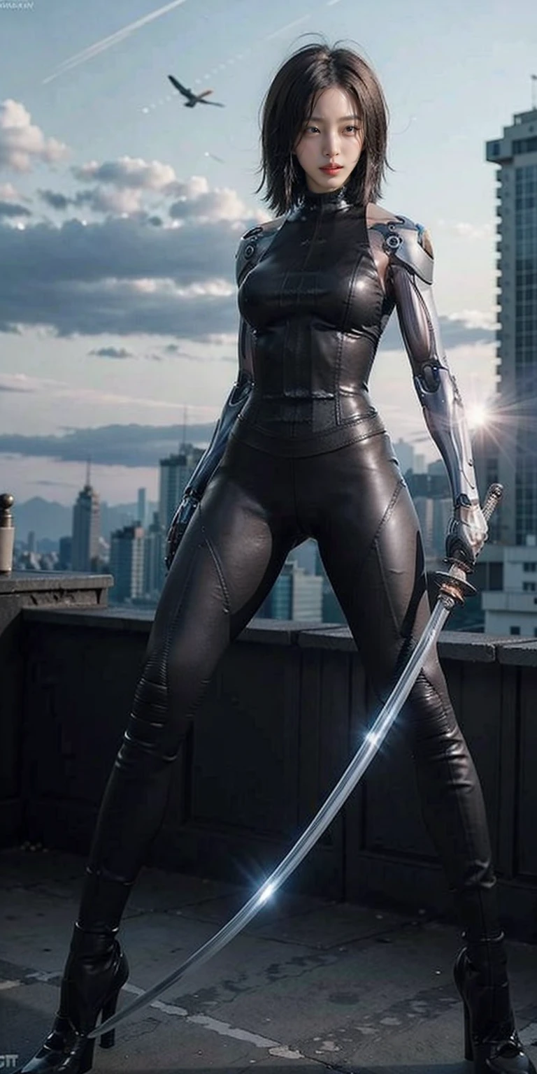 1girl, katana, holding katana,  cyborg, bodysuit, full body, stand,  big breasts, high heels, outdoor, future city,  masterpiece, best quality,8k