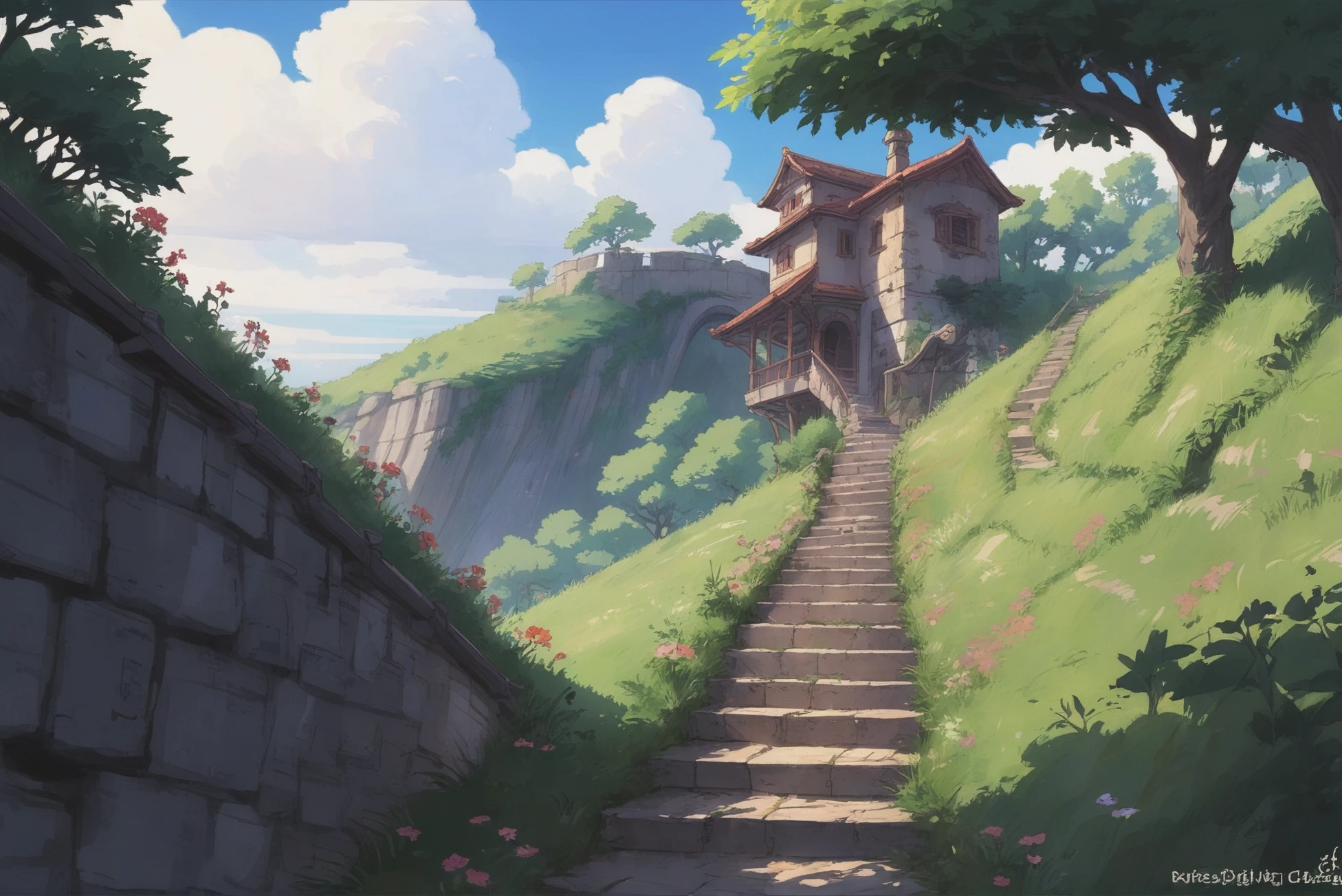 digital painting, whimsical anime movie background, a stairway up a hill<lora:76_dora-000005:1:1:lbw=SDXL_OUTS>