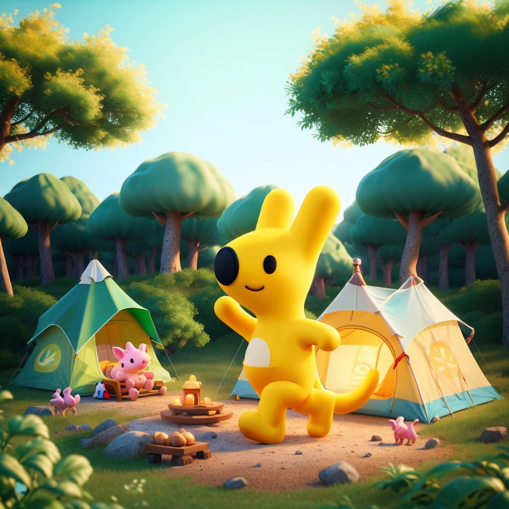 tuantuan,tuantuan,Raise left hand,solo,full body,standing,white background,black eyes,arms open,walking,3D rendering, C4d, cartoon Q version, A cute piglet is camping in the forest with many yellow trees and green plants. It has an octane renderer background. The colors include light blue and white tones in the style of "2087 Zhang Shunlong". There were some small animals around him, cute style. A tent was set up on top of it, and there should be several trees nearby. Cute cartoon design, colorful animation stills, smooth curves, colorful animated still life,<lora:meituan1.5-000009:0.8>,