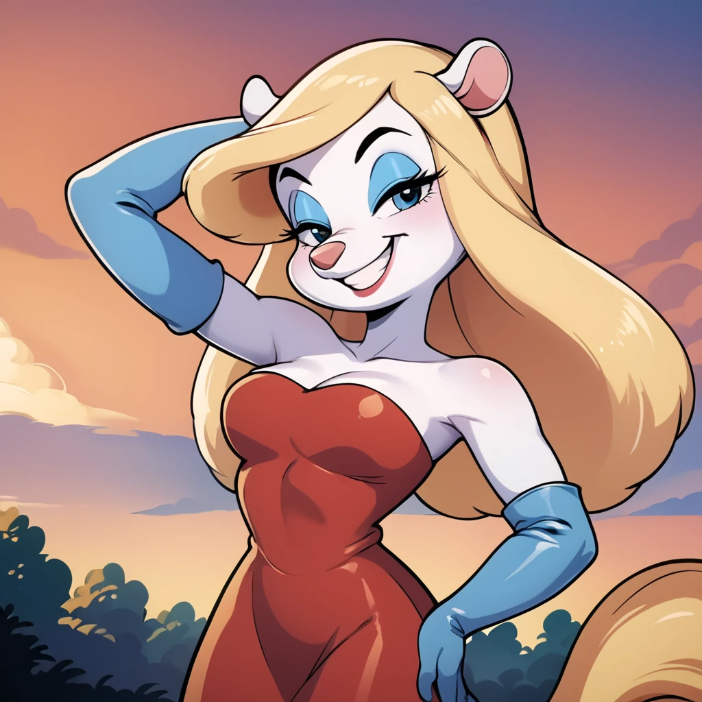 score_9, score_8_up, score_7_up, score_6_up, score_5_up, score_4_up, (Source furry), (rating safe), <lora:MinervaMinkXL:0.8>, minerva mink, 1girl, solo, long hair, breasts, smile, gloves, dress, animal ears, cleavage, bare shoulders, medium breasts, standing, tail, outdoors, sky, elbow gloves, blonde hair, grin, arm up, tree, strapless, makeup, half-closed eyes, red dress, strapless dress, eyeshadow, arm behind head, sunset, animal nose, snout, gradient sky, orange sky, furry, furry female, body fur, white fur <lora:CitronAnimeTreasure:1>