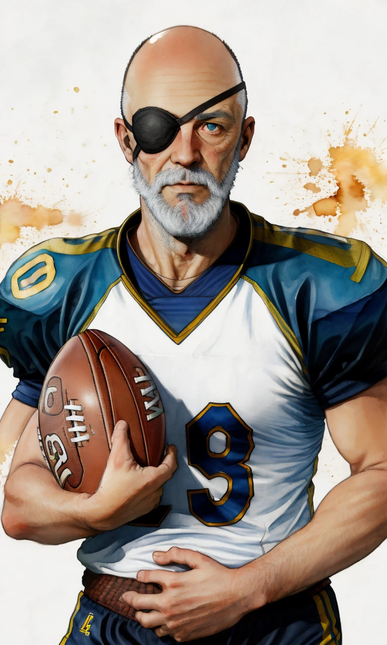 watercolour, medium shot,   <lora:gow_odin:0.6>, od1n, old male, white beard, bald ,eye patch, one  blue eye, white receding hairline,   football uniform, football pitch, holding football