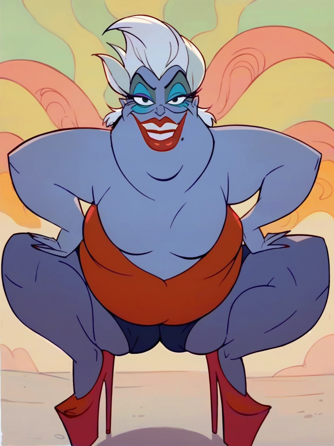 <lora:Ursula:1>anatomically correct, masterpiece, best high quality, ultra details, realistic, RAW Photo, perfect anatomy, 4k, 8k, quality lighting, detailed hands, detailed eyes, solo, large sea witch, Ursula, purple-skinned white hair, yellow cat-like eyes, red lipstick, strapless black lavender dress adorned with gold jewelry, (thick thighs:1.3), (wide hips:1.3), (big boobs:1.4), (big ass:1.4), hand on hips <lora:BGV5EX:1> <lora:add_detail:1>