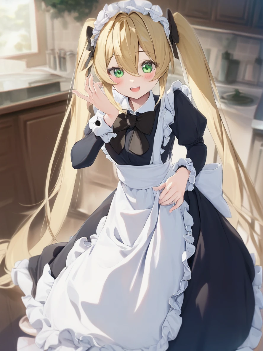1girl,
rating safe, solo, :d, apron, black bow, black bowtie, blonde hair, blush, bow, bowtie, dress, frilled apron, frilled dress, frilled sleeves, frills, green eyes, hair between eyes, long hair, long sleeves, looking at viewer, maid, maid apron, maid headdress, official alternate costume, open mouth, sidelocks, smile, twintails, very long hair, white apron,
score_9, score_8_up, score_7_up, score_6_up
<lora:mki-pony-artists3-v2-000036:1>