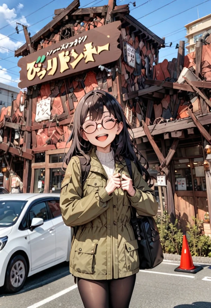 masterpiece, best quality, very aesthetic, absurdres,
1girl, solo, glasses, black hair, long hair, field jacket, ants, black bag, smile, laughing, looking at viewer, solo focus,
bikdonama, storefront, car, traffic cone, road, outdoors, sky, day, cloud, power lines, building, sign, real world location, utility pole, blue sky, road sign
<lora:bikkuri_donkey1_SDXL_V1:0.8>